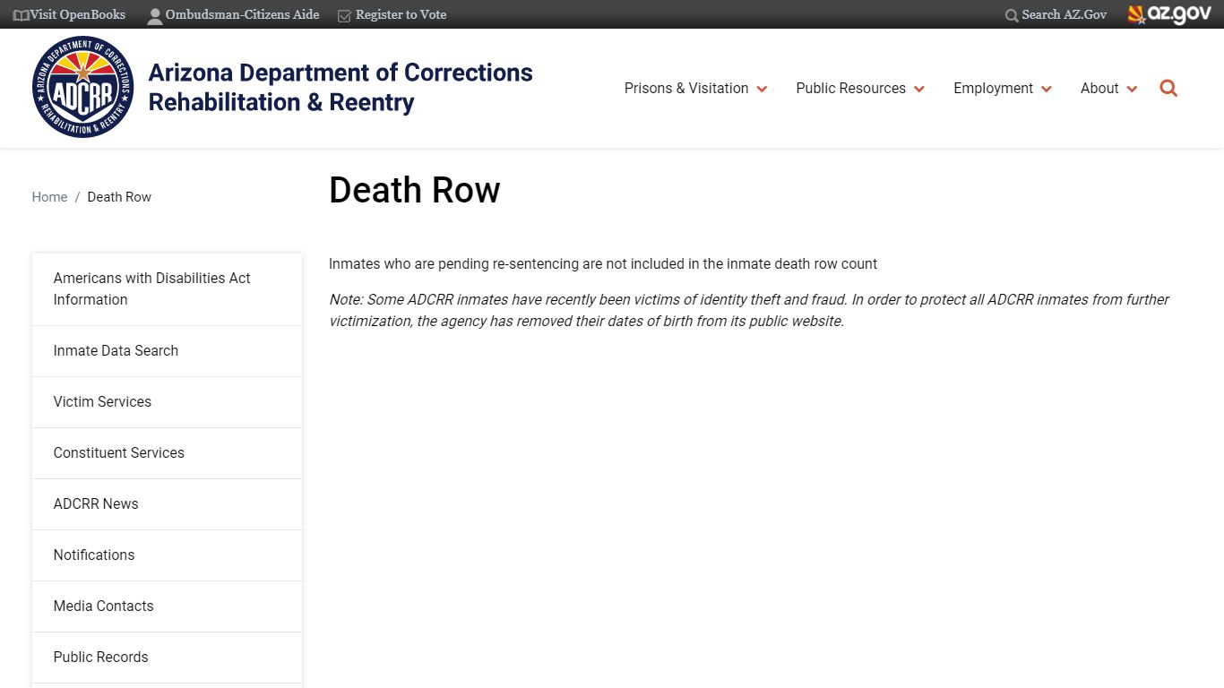 Death Row | Arizona Department of Corrections, Rehabilitation & Reentry